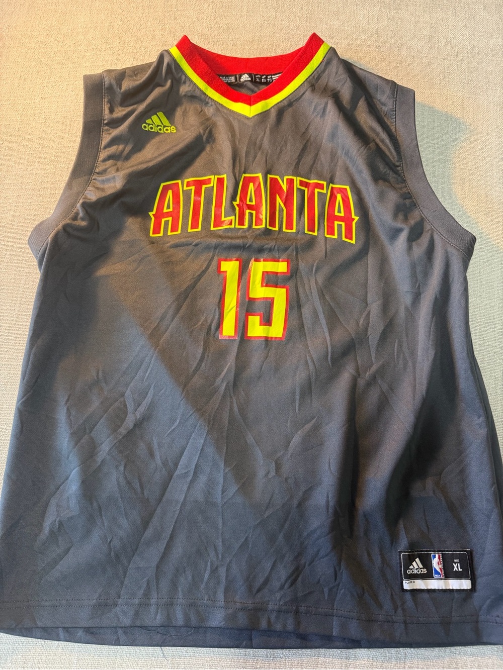 adidas Gray Basketball Jersey with Red Trim and Yellow Accent